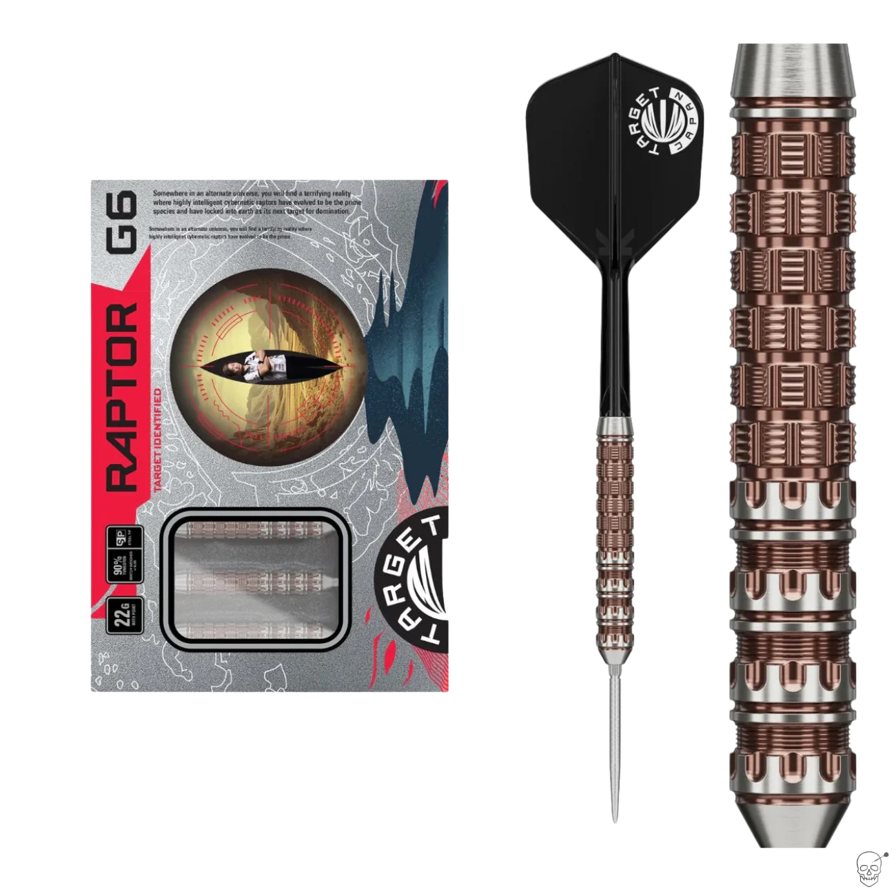 Steel tip tungsten dart set retail packaging, full dart view, and close-up of knurled barrel grip pattern on white background