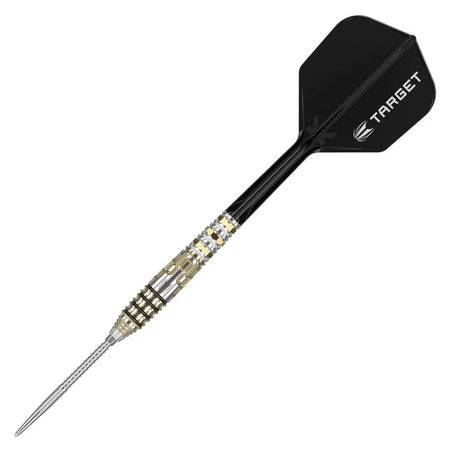 Full steel tip dart with black flight and gold-silver barrel grip, angled view on white background
