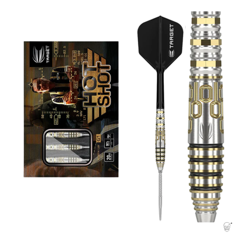 Steel tip tungsten darts set shown in retail packaging, full dart view, and close-up highlighting barrel grip and gold accents.
