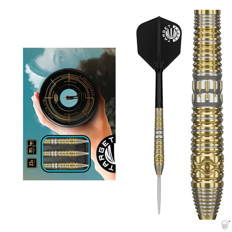 90% tungsten steel tip darts set with close-up barrel detail, retail packaging, and full dart view, highlighting gold ringed grip design.