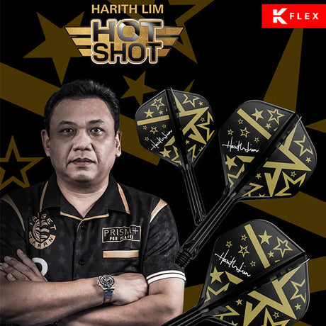 Three Harith Lim Hotshot K-Flex No.2 dart flights shown at an angle, highlighting gold star design and autograph pattern against black background