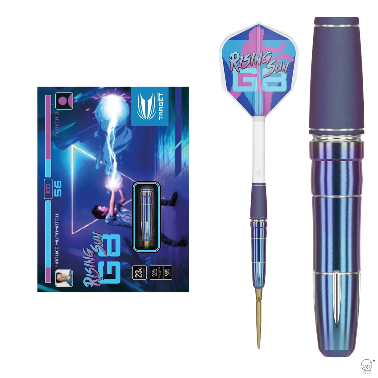 Rising Sun G8 tungsten dart full view with blue-violet smooth grip, close-up barrel detailing, and retail packaging on white background