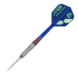 Single Rising Sun G9 tungsten dart with blue flight, detailed grip barrel, and silver point on white background