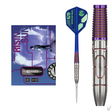 Rising Sun G9 95% tungsten dart set with blue flights, packaging display, detailed barrel grip and signature engraving, steel tip