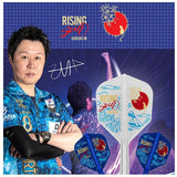 Lifestyle dart flight collage showing Haruki Muramatsu with Rising Sun No.6 flights, featuring Mount Fuji and red sun design, full and angled views