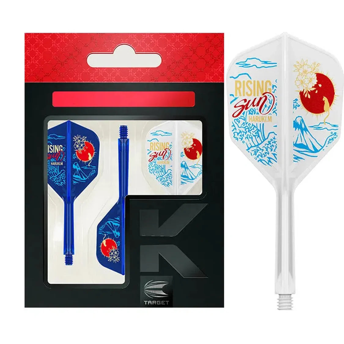 Rising Sun No.6 dart flights and shafts in retail packaging, close-up highlights blue and white Japanese-themed flight design.