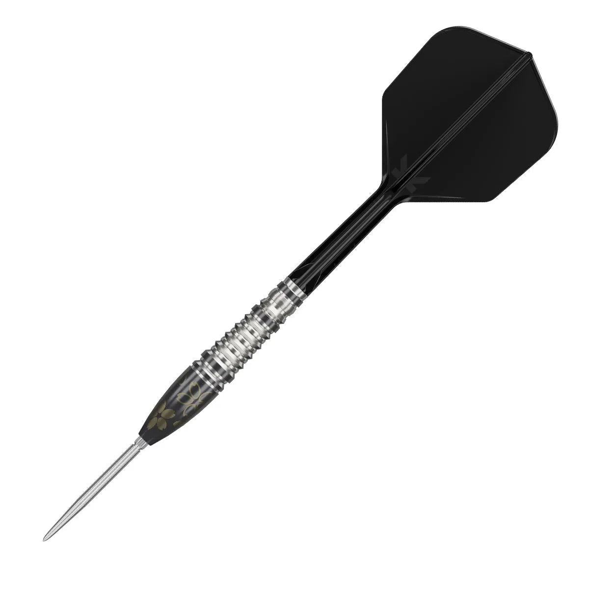 Angled view of 90% tungsten dart with torpedo barrel, detailed grip rings, black shaft and flight, isolated on white background