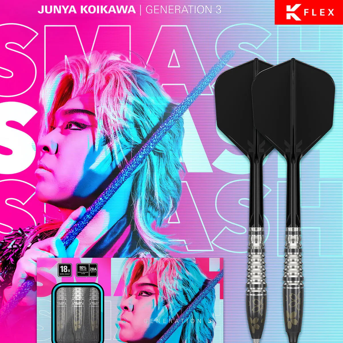 Angled view of Junya Koikawa Smash G3 tungsten darts with black flights, visible grip rings, and retail box on vibrant display.