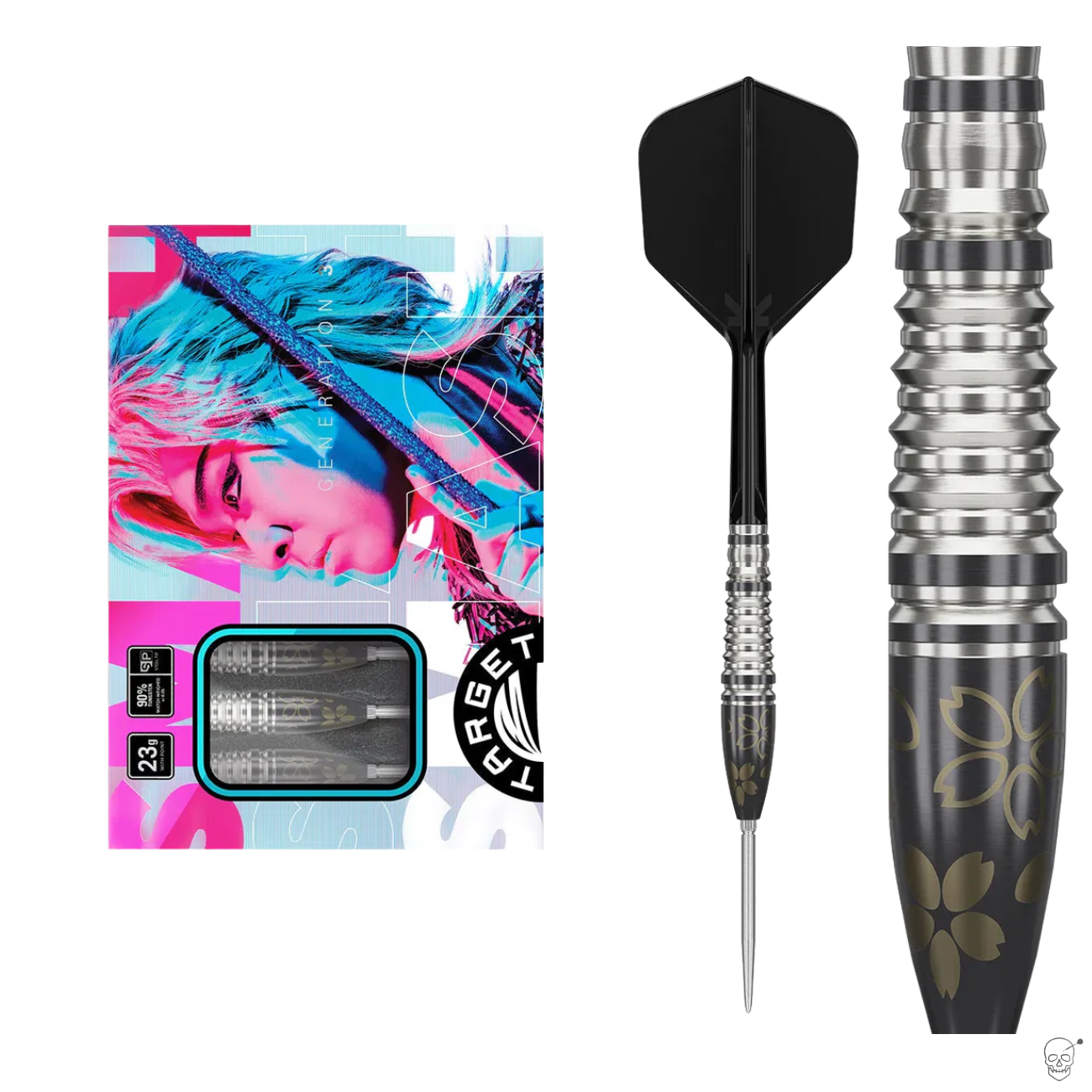 Dart set packaging, full tungsten dart with black flight, and close-up of torpedo barrel with floral engraving on white background