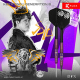 Two Keita Ono Solo G8 90% tungsten darts upright, showing detailed ringed grip barrels and black flights on a graphic display background