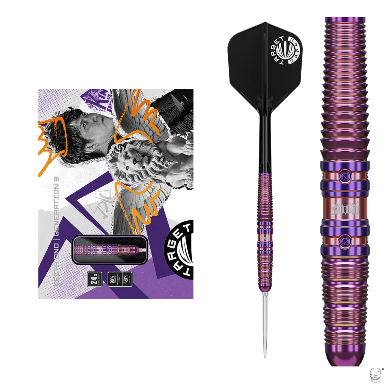 Full dart with purple grooved tungsten barrel, close-up of grip texture, and matching retail packaging for steel tip darts.