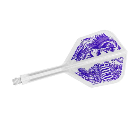 Clear dart flight and shaft in full side view with bold blue lion artwork, isolated on white background, highlighting K-Flex No6 design.