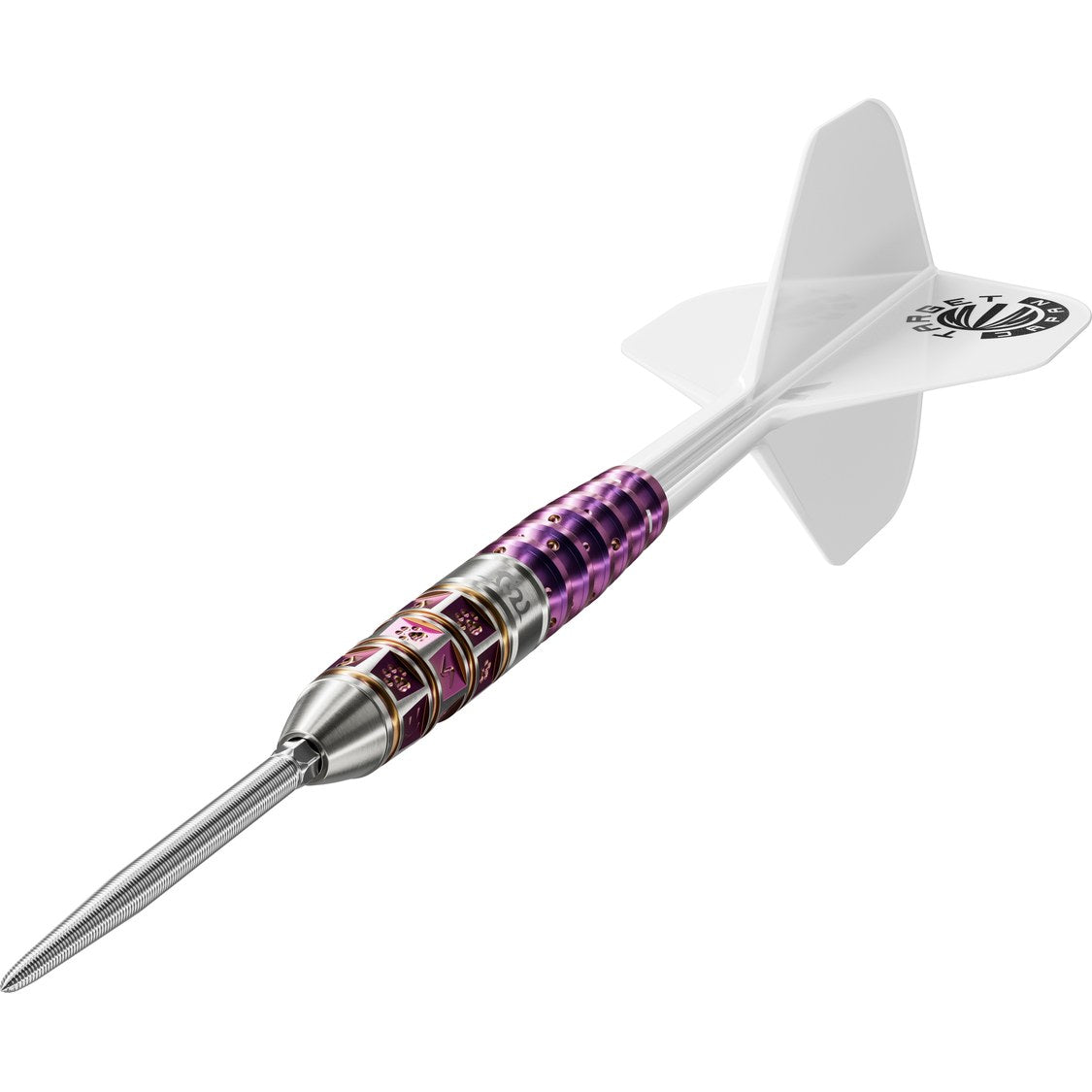 Target Japan Mayo G8 90% tungsten dart – angled view with purple slot machine milled torpedo barrel and white K-Flex flight