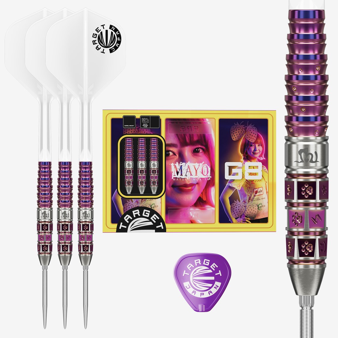 Target Japan Mayo G8 darts set – three assembled darts with retail packaging and purple barrel close-up