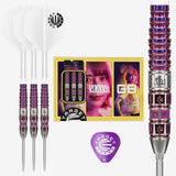 Target Japan Mayo G8 darts set – three assembled darts with retail packaging and purple barrel close-up