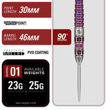 Target Japan Mayo G8 specification – 30mm Swiss Point, 46mm barrel, 90% tungsten PVD coating, 23g and 25g weights