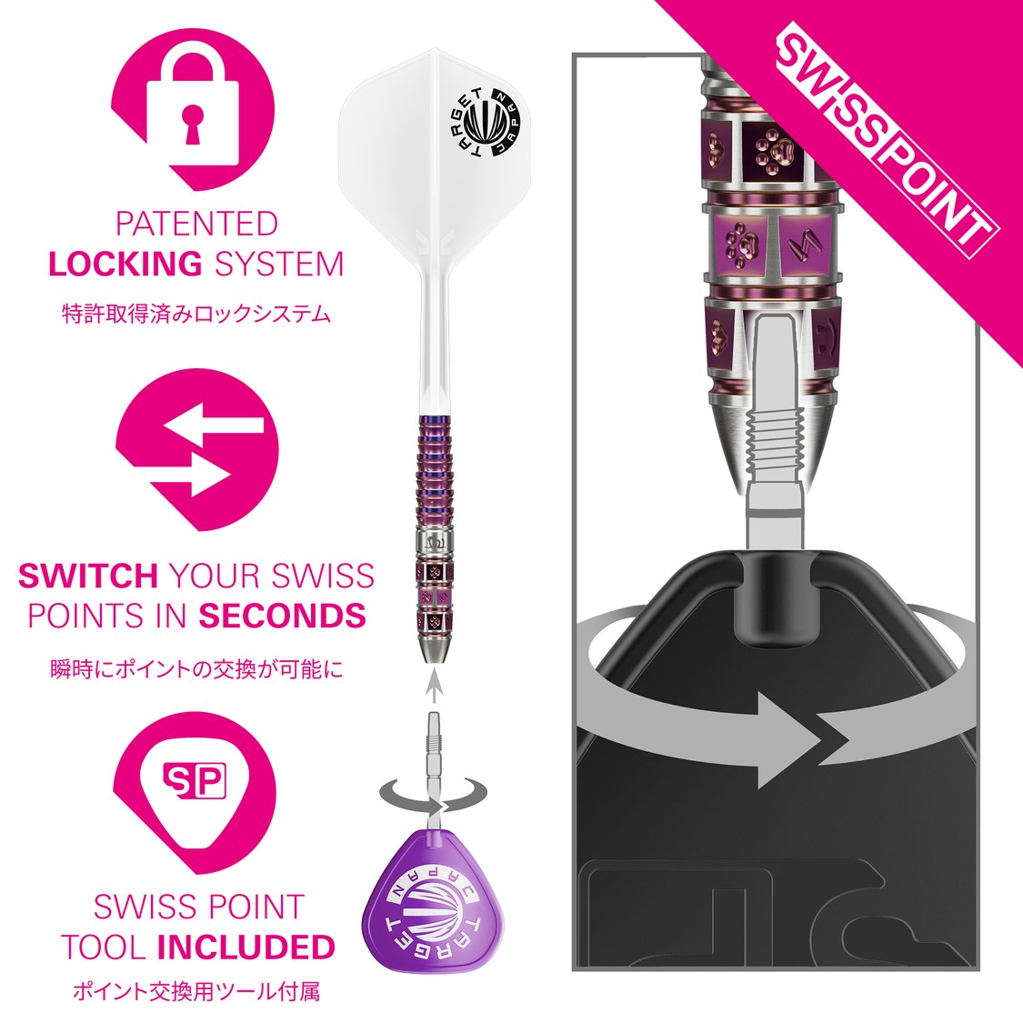 Target Japan Mayo G8 Swiss Point locking system – patented fitting with Swiss Point tool for fast point changes
