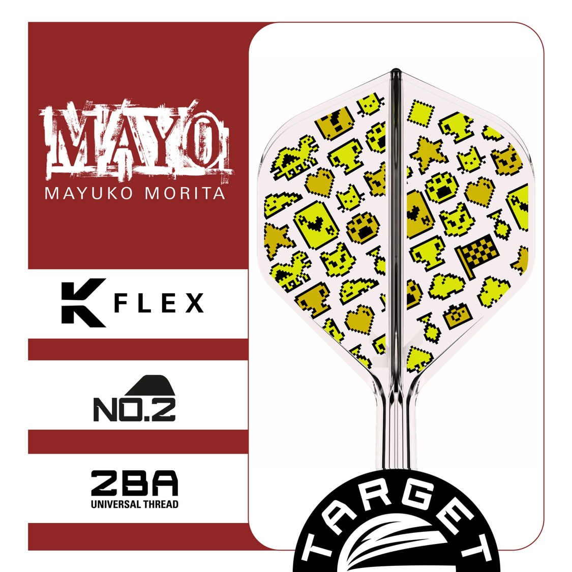 Mayo K-Flex No.2 close-up – standard flight shape with slot machine artwork and 2BA universal thread