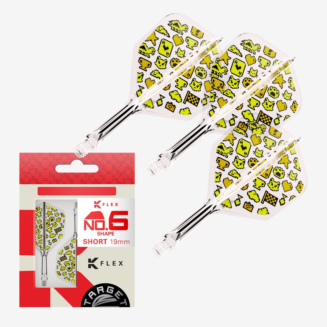 Mayo K-Flex No.6 flights and shafts angled view with slot machine design on white background