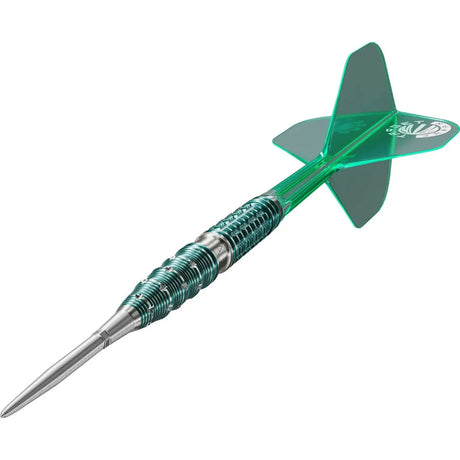 Angled view of tungsten dart with knurled grip, precision barrel cuts, and translucent green flight on white background