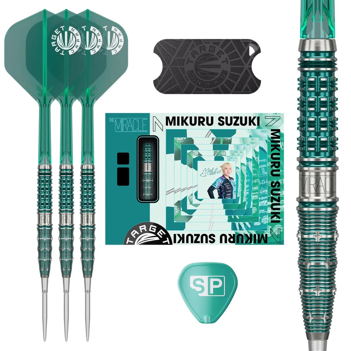 Top-down view of Mikuru Suzuki Gen 7 tungsten darts set with close-up barrel grip, flights, case, packaging, and SP flight included