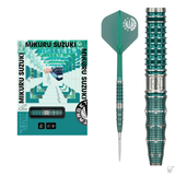 Mikuru Suzuki Gen 7 95% tungsten dart set with box, full dart view, and close-up of precision-cut barrel grip, isolated on white