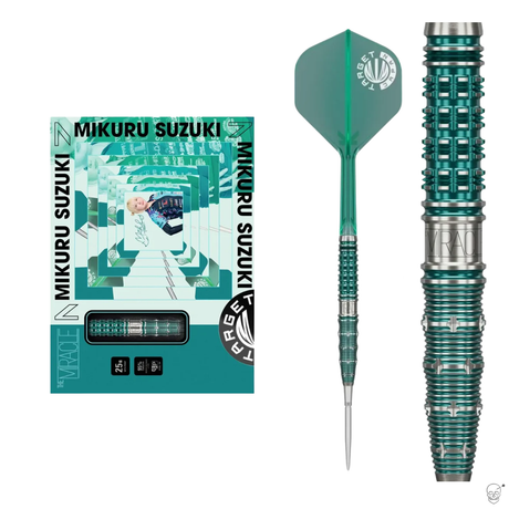 Mikuru Suzuki Gen 7 95% tungsten dart set with box, full dart view, and close-up of precision-cut barrel grip, isolated on white
