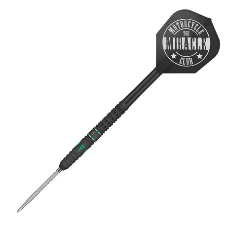 Angled full view of 90% tungsten dart with textured black grip, precision point, and custom 'The Miracle' black flight, isolated on white background