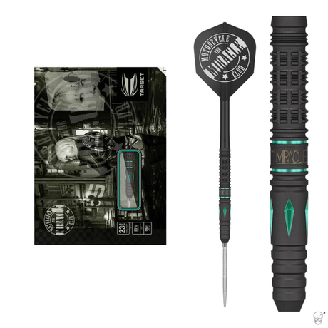 Black tungsten dart with teal accents, detailed grip texture, flight design, and retail box packaging for advanced dart players