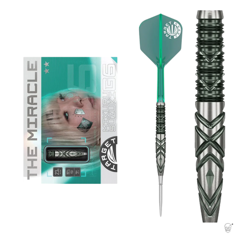 Full product view with packaging, single dart, and macro barrel close-up highlighting 90% tungsten steel tip grip details