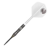 Single tungsten dart full view on white, highlighting precision barrel rings, grip texture, and clear flight design