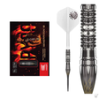 Pyro G10 tungsten dart set with flame barrel design, retail box, and enlarged close-up of grip texture, displayed on white background