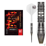 Pyro G10 tungsten dart set with flame barrel design, retail box, and enlarged close-up of grip texture, displayed on white background