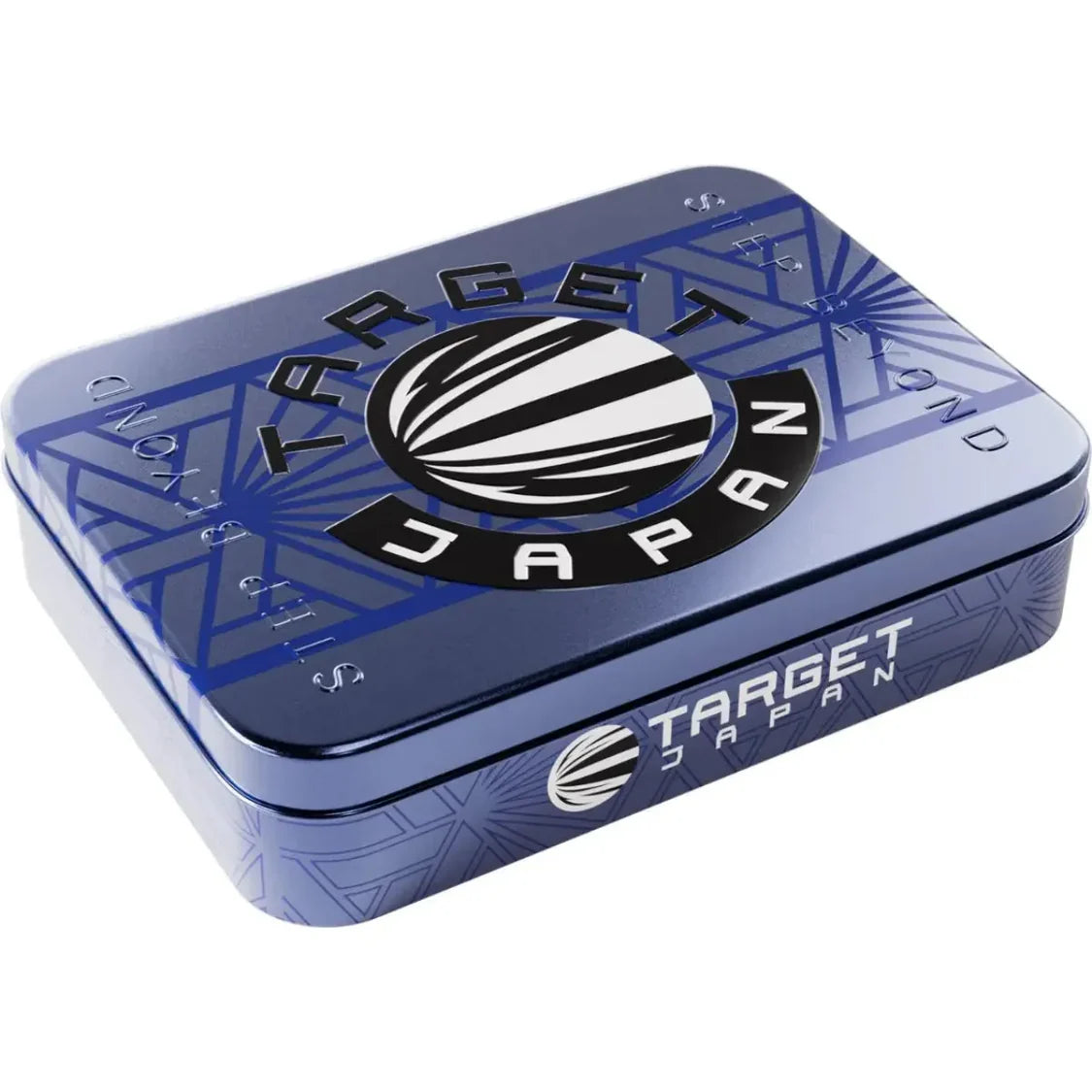 Angled view of Target Japan Pyro G11 darts storage tin, metallic blue case with geometric design, isolated on white background