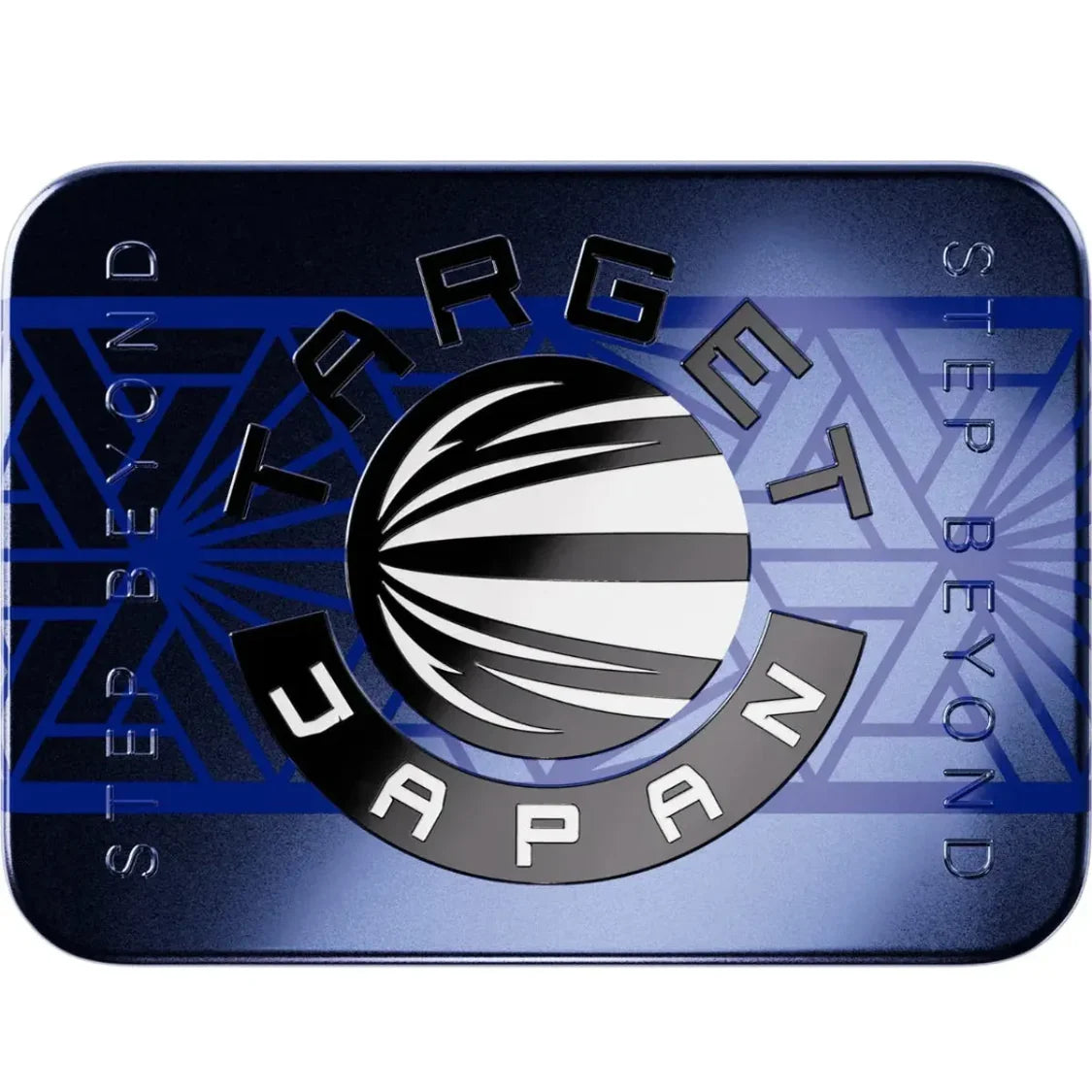 Dart set metal storage tin in top-down view with embossed Target Japan logo, blue geometric design, durable dart case packaging