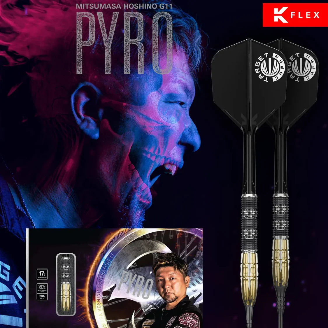 Full view of two assembled 90% tungsten darts with black flights, detailed barrel grip, and product packaging displayed in a branded promotional layout