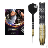 Tungsten darts set with packaging, full assembled dart, and close-up on gold flame barrel grips, isolated on white background