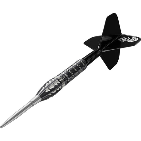 Target Japan Pyro G12 90% tungsten dart – angled view with exhaust flame milled torpedo barrel and black K-Flex flight