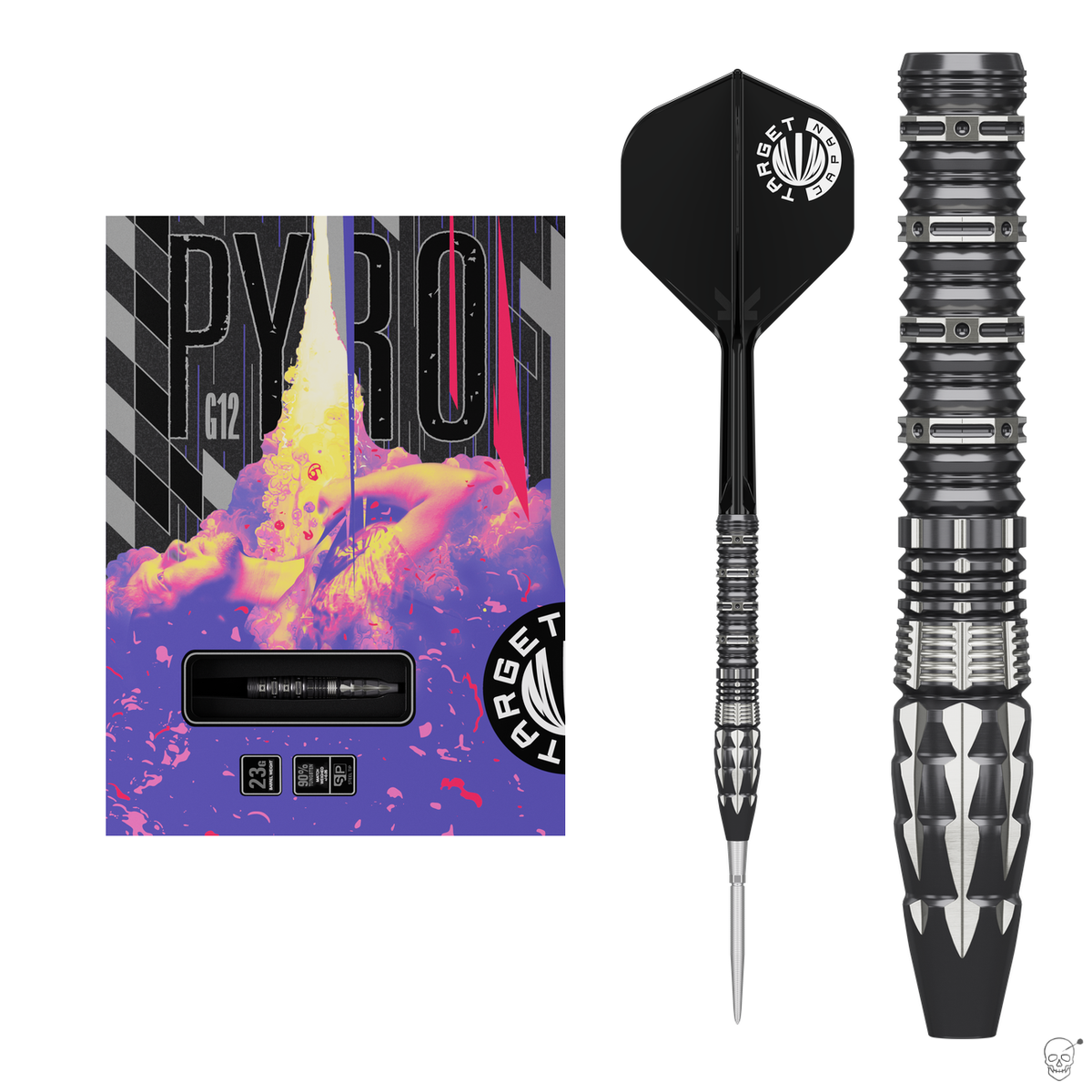 Target Japan Mitsumasa Hoshino Pyro G12 90% tungsten Swiss Point darts – packaging with PVD black flame barrel close-up