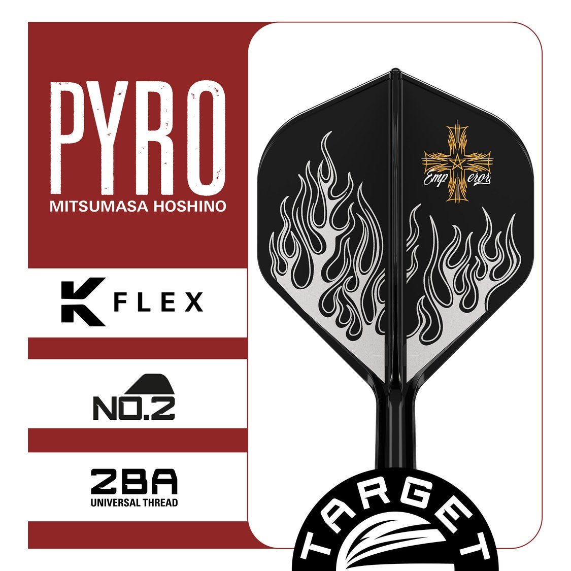 Pyro G2 K-Flex No.2 close-up – standard flight shape with white flame artwork and 2BA universal thread