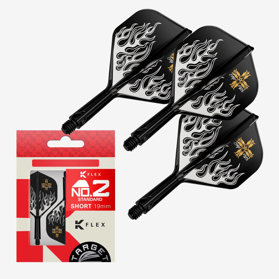 Pyro G2 K-Flex No.2 black flights and shafts angled view with flame design on white background