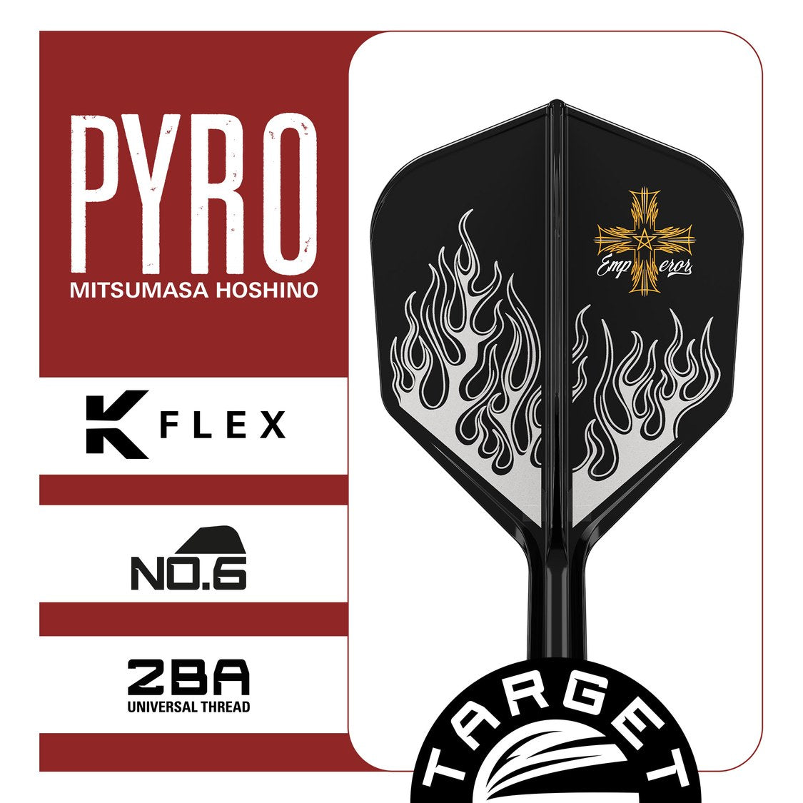 Pyro G2 K-Flex No.6 close-up – slimline flight shape with white flame artwork and 2BA universal thread