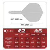 K-Flex size chart – No.2 and No.6 shapes in short, intermediate and medium with shaft lengths and weights