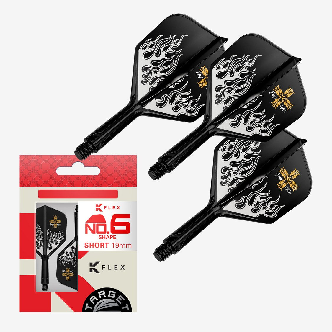 Pyro G2 K-Flex No.6 black flights and shafts angled view with flame design on white background
