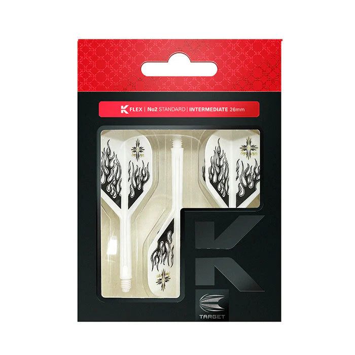 Packaged set of three K-Flex No.2 dart flights with white base and black flame graphics, standard shape, visible through retail display box.