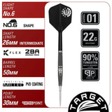 Vertical full dart view with ringed grip, No.6 flight, steel tip, 90% tungsten, 22g weight, specs infographic on white background
