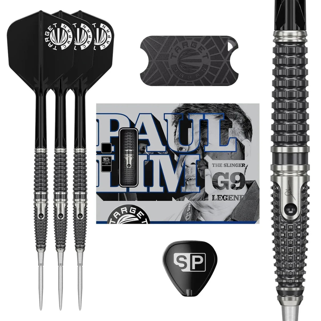 Top-down view of Paul Lim G9 90% tungsten darts set with three darts, case, extra flight, point protector, and textured barrel detail.