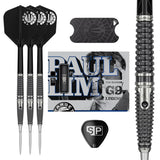 Top-down view of Paul Lim G9 90% tungsten darts set with three darts, case, extra flight, point protector, and textured barrel detail.