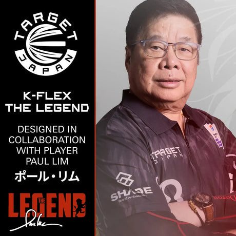 Angled portrait of darts player Paul Lim in branded darts shirt with K-Flex The Legend branding and product collaboration details.
