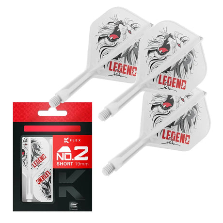 Paul Lim K-Flex No.2 short 19mm dart flights and shafts with roaring lion design, retail packaging, white background